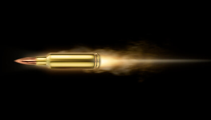 Moving Gun Bullet Shot and fire sparkles. on black background. 3d render - obrazy, fototapety, plakaty