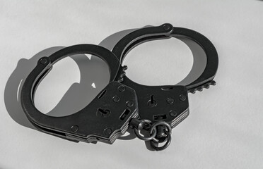 Metal black handcuffs close-up. Special police equipment. Restriction of freedom.