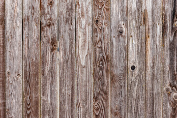 Old ancient bright tanned unevenly painted vertical wooden plank wall with painted nails and cracks in it. Weathered brown vertical wooden fence. Rough vintage timber barrier