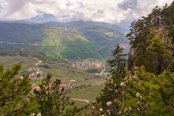 Cembra Valley landscape from Corona Mount in Trentino Alto Adige, northern Italy, Europe. Corona Mount is a 1,035 meter high mountain in the Val di Cembra.