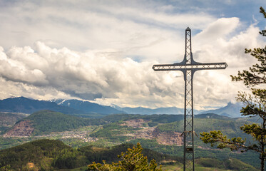 Cembra Valley landscape from Corona Mount in Trentino Alto Adige, northern Italy, Europe. Corona Mount is a 1,035 meter high mountain in the Val di Cembra.