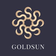 Vector circle golden icon sun logo design template sign for boutique hotel, restaurant, jewelry, wellness spa club, premium beauty salon, travel tourism agency. Sun symbol with lights.