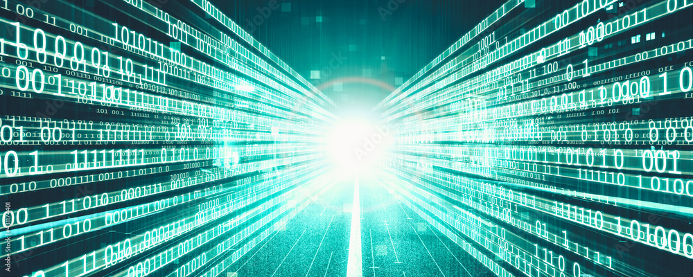Poster digital data flow on road with motion blur to create vision of fast speed transfer . concept of futu