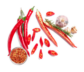 Chili pepper with different herbs and spices on white background