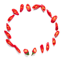Frame made of sliced chili peppers on white background
