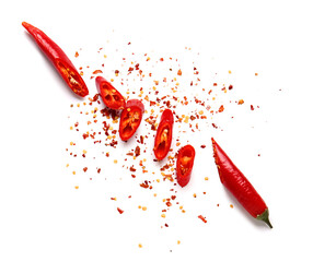 Fresh chili pepper and paprika on white background