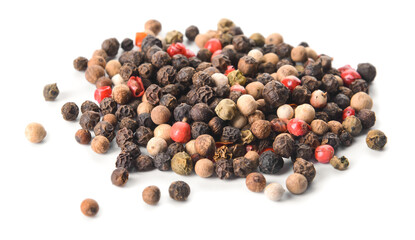 Heap of peppercorns on white background