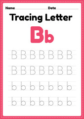 Tracing letter b alphabet worksheet for kindergarten and preschool kids for handwriting practice and educational activities in a printable page illustration.