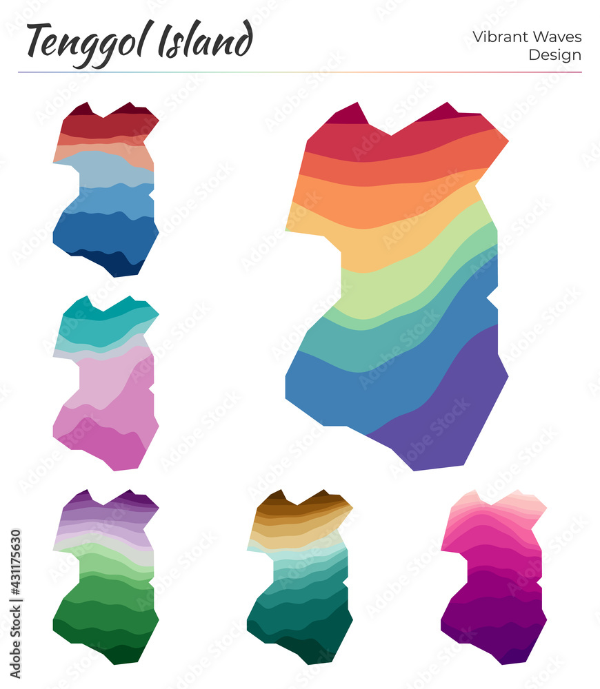 Poster set of vector maps of tenggol island. vibrant waves design. bright map of island in geometric smooth