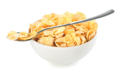 Bowl and spoon with tasty cornflakes on white background
