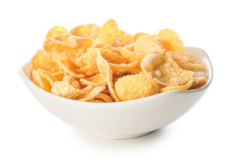 Bowl with tasty cornflakes on white background