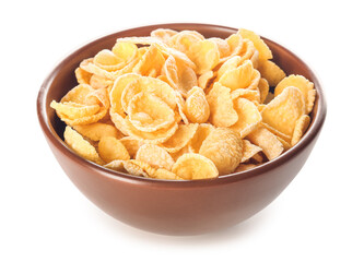 Bowl with tasty cornflakes on white background