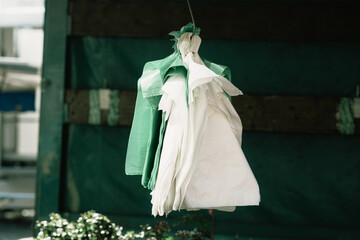 plastic bag hanging on market stall