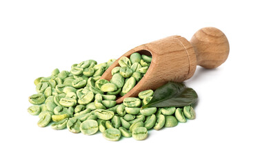 Scoop with green coffee beans on white background