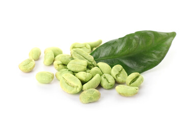 Green coffee beans and leaf on white background