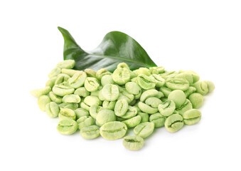 Green coffee beans and leaf on white background