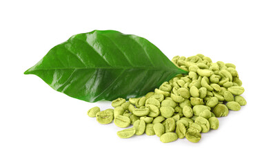 Green coffee beans and leaf on white background