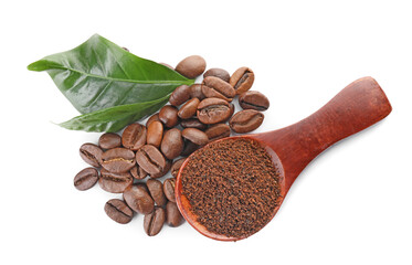 Coffee beans and spoon with powder on white background