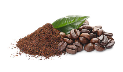 Coffee beans and powder on white background
