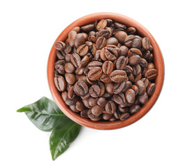 Bowl with coffee beans on white background