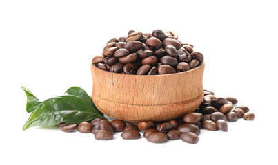 Bowl with coffee beans on white background
