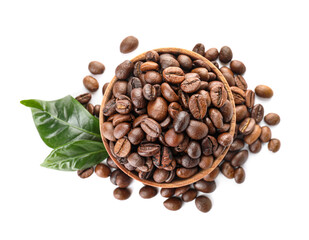 Bowl with coffee beans on white background