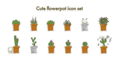 かわいい鉢植えのイラスト　カラー　アイコンセット