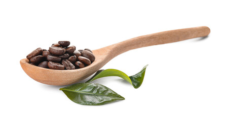 Spoon with coffee beans on white background