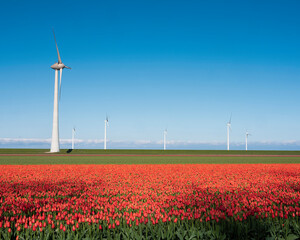 red tulip field and wind turbines under blue sky in the netherlands