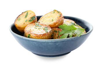 Bowl of tasty baked potatoes with parsley on white background