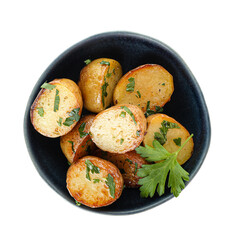 Bowl of tasty baked potatoes with parsley on white background
