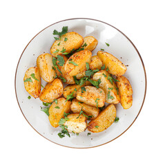 Plate of tasty fried potatoes with parsley on white background