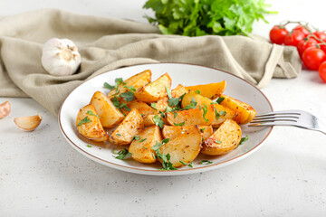 Plate of tasty fried potatoes with parsley on light background
