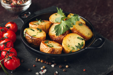 Frying pan of tasty fried potatoes with parsley and tomatoes on dark background