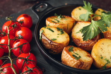 Frying pan of tasty fried potatoes with parsley and tomatoes on dark background