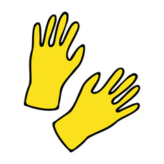 Vector Yellow Rubber Gloves. Latex Gloves Cartoon Doodle Style on isolated background