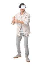 Young man with virtual reality glasses on white background