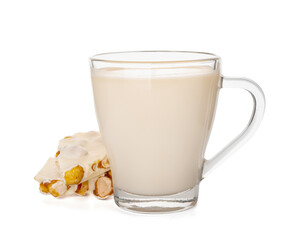 Cup with hot chocolate on white background