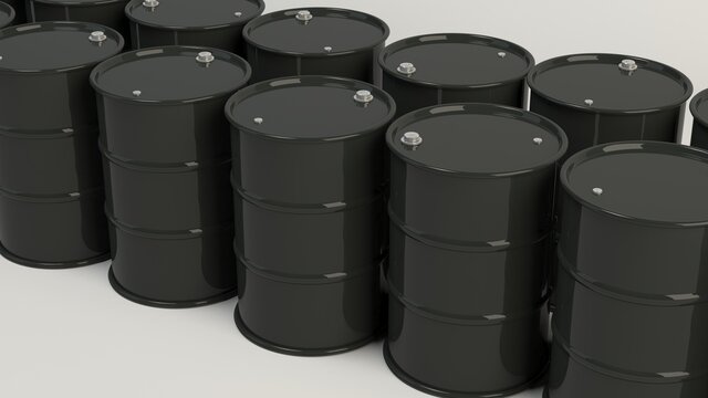 Black iron barrels with oil. 3D visualization.