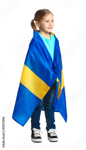 Little girl with the flag of Sweden on white background