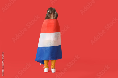 Little girl with the flag of Netherlands on color background, back view