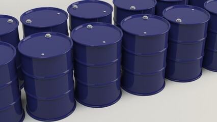 Blue iron barrels with oil. 3D visualization.