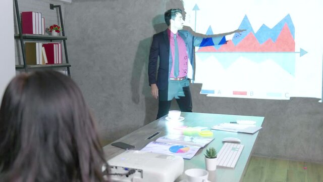 Businesswoman listening presentation from her presenter.