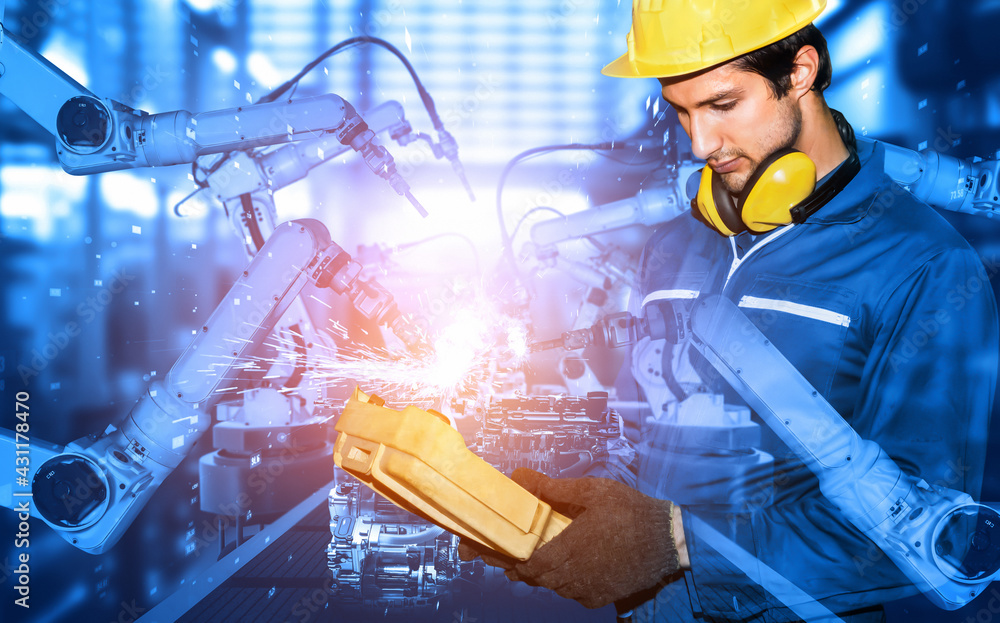 Poster mechanized industry robot arm and factory worker double exposure . concept of robotics technology fo