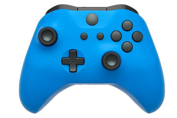 Realistic blue video game controller on white background