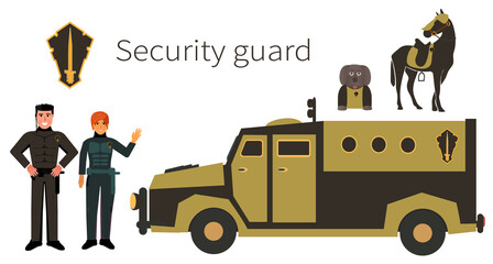 Encashmentors. Military police. Security guard. Special Forces. Riot police. Flat. 
Cartoon.Young man and woman in black uniform. Black van. Armored car. Security emblem. 
White background.Vector.
