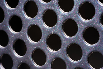 Metal texture with holes. Iron gray perforated background. Steel durable material. Circles in the wall. Macro  