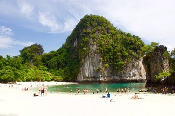 Tourists on the exotic beach of Koh Hong island, Thailand 