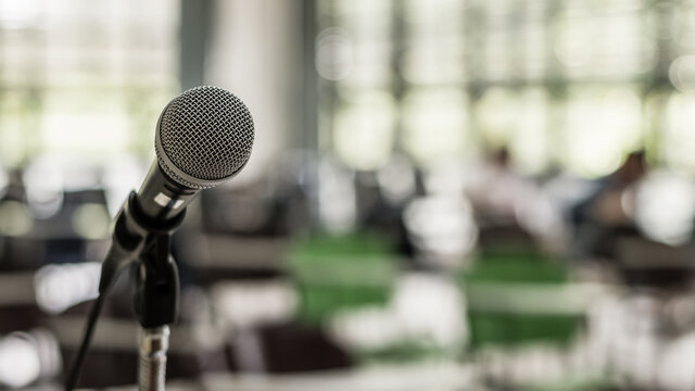 Microphone Voice Speaker In Business Seminar, Speech Presentation, Town Hall Meeting, Lecture Hall Or Conference Room In Corporate Or Community Event For Host Or Townhall Public Hearing