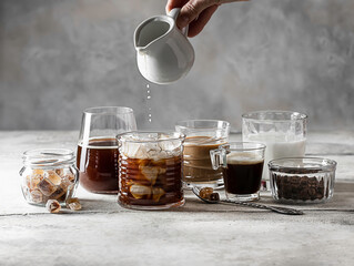 Tasty ice coffee with milk, cream and set with different types of coffee drinkson gray background with copy space. Ice coffee with milk, espresso, cappuccino and mocha coffee.